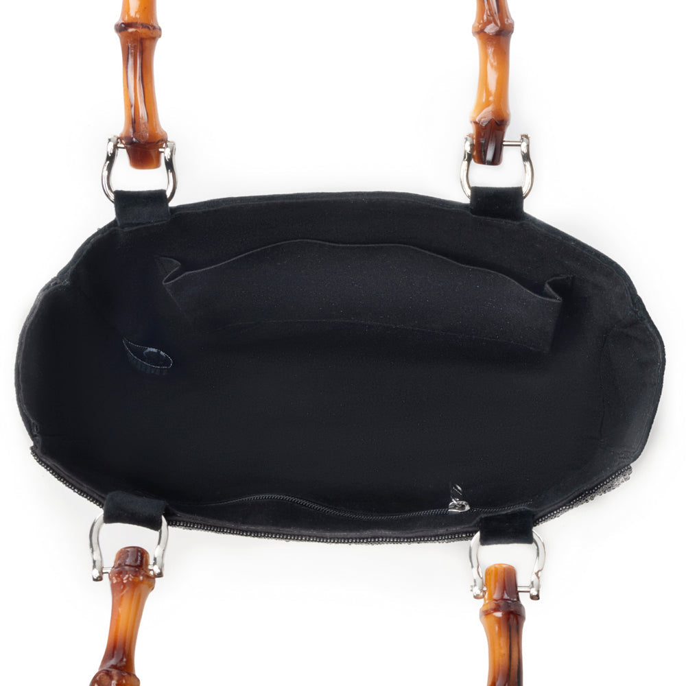 Eight Seconds Western hand beaded bag in black with bamboo handle and horse embroidery - Myra USA