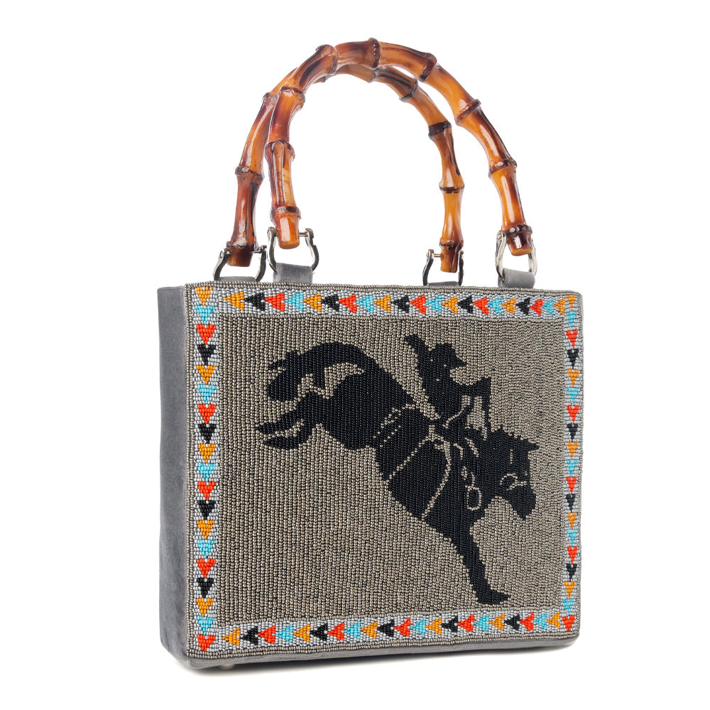 Free Rein Western hand beaded Bag in grey with bamboo handle and horse embroidery - Myra USA