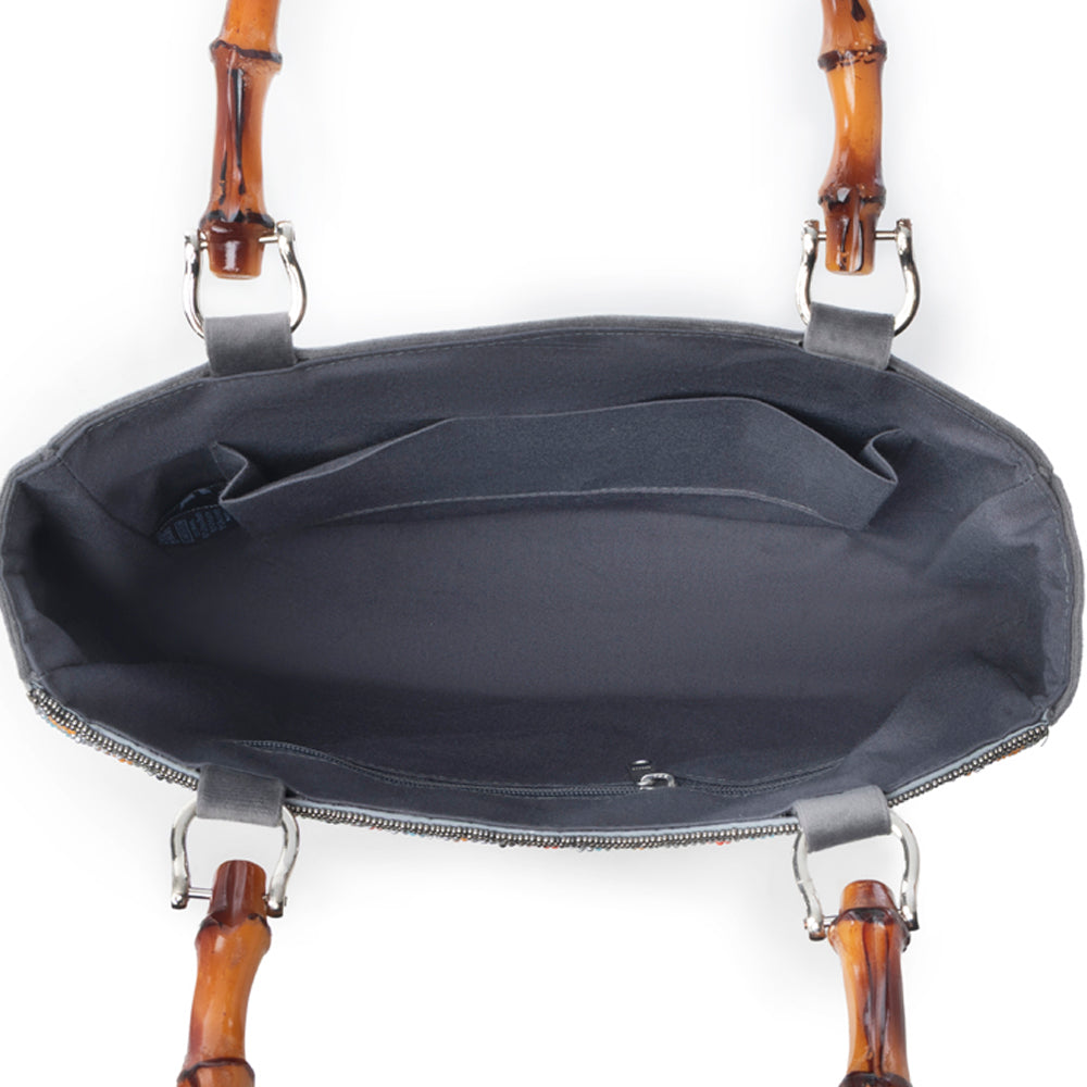 Free Rein Western hand beaded Bag in grey with bamboo handle and horse embroidery - Myra USA