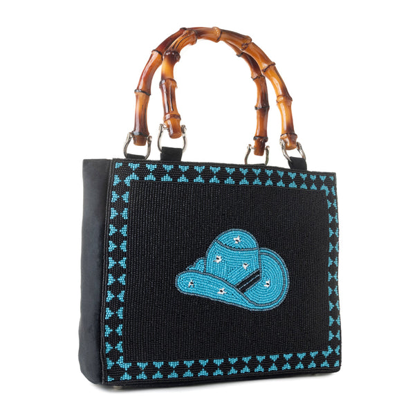 Hat Tipper Western hand beaded Bag in blue with bamboo handle and hat embroidery - Myra USA