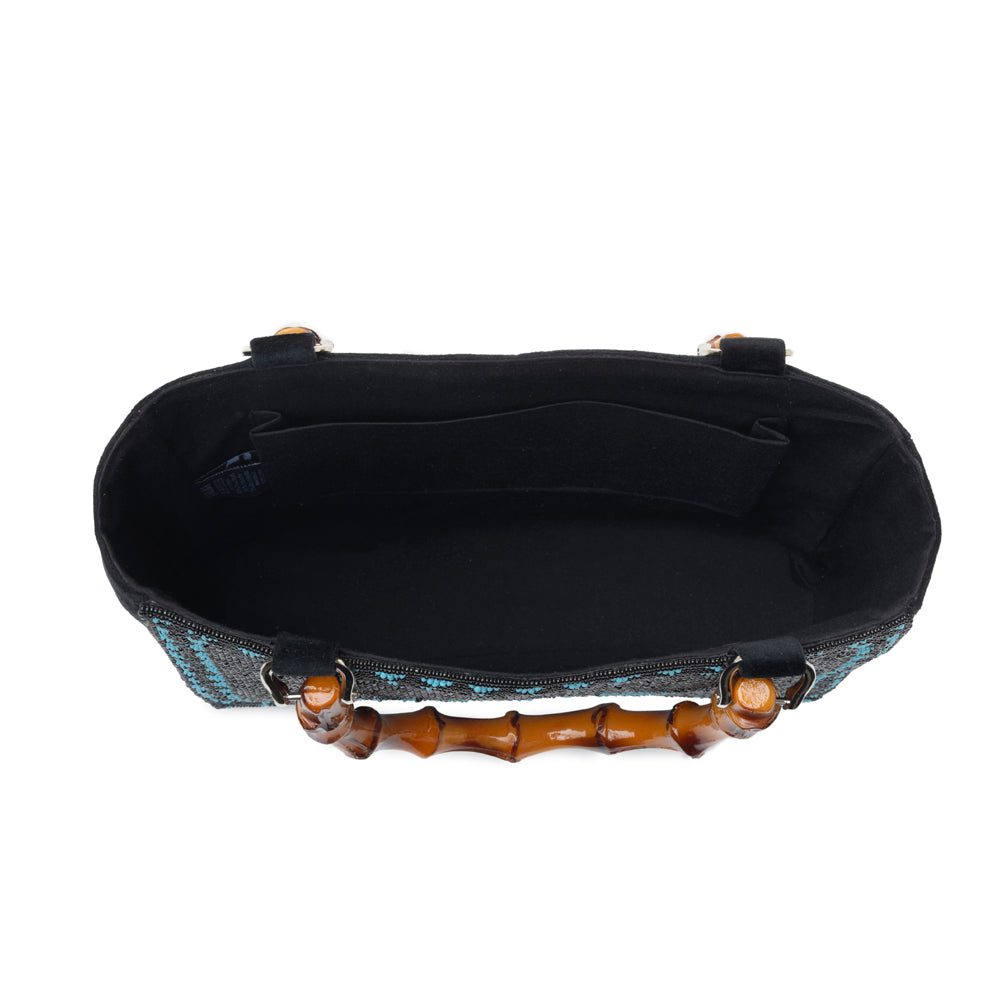 Hat Tipper Western hand beaded Bag in blue with bamboo handle and hat embroidery - Myra USA