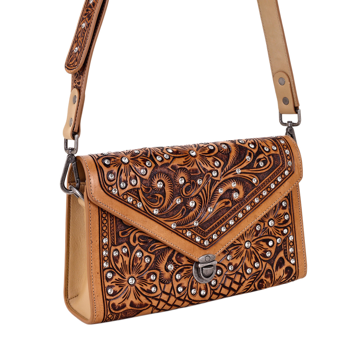 Myra Circe Hand Tooled Bag for Women in tan with rhinestones - Myra USA