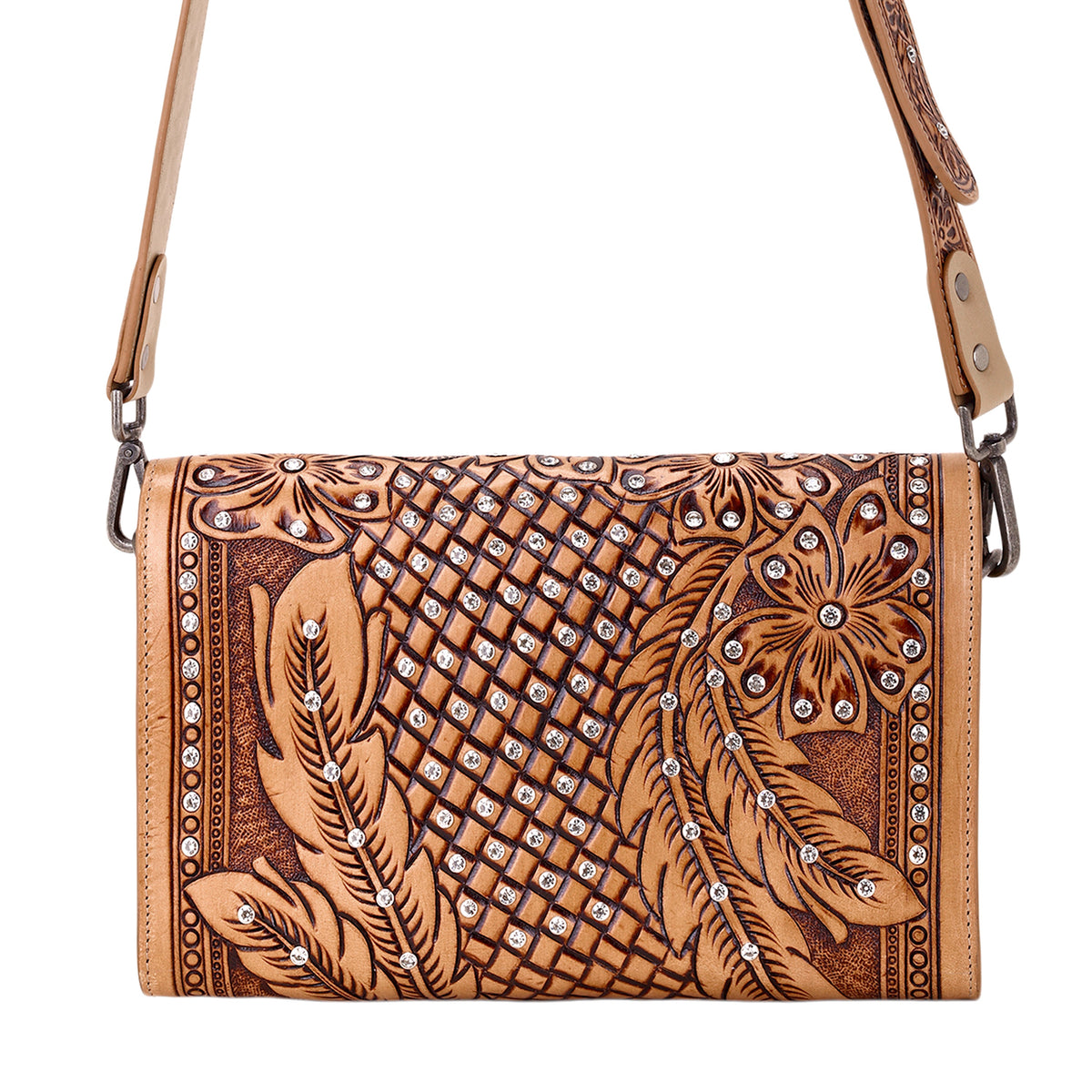 Myra Circe Hand Tooled Bag for Women in tan with rhinestones - Myra USA