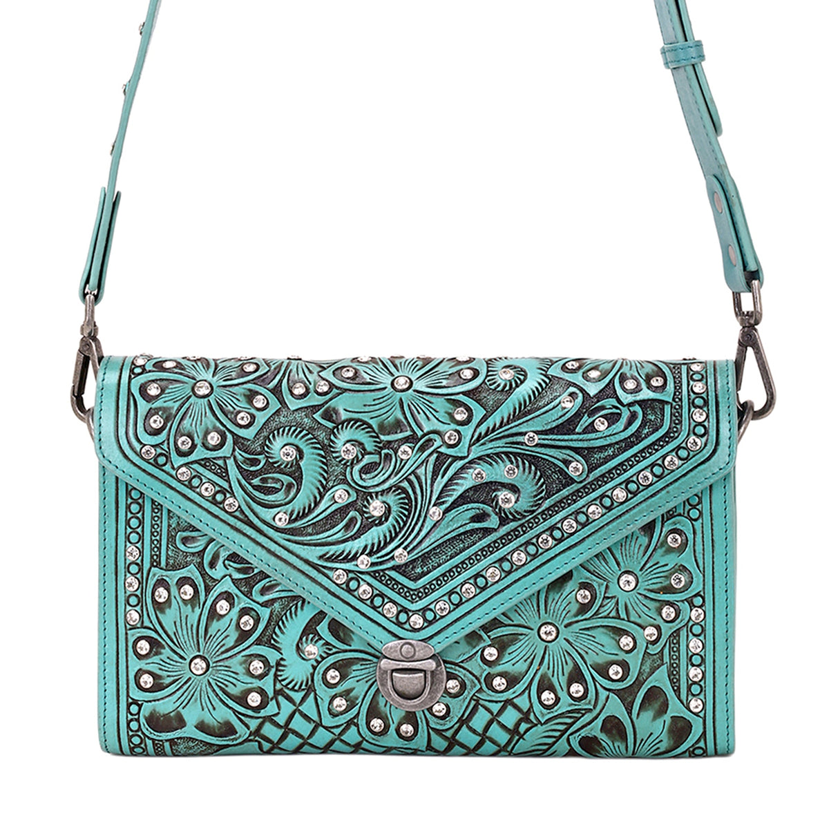 Myra Circe Hand Tooled Bag for Women in turquoise with rhinestones - Myra USA