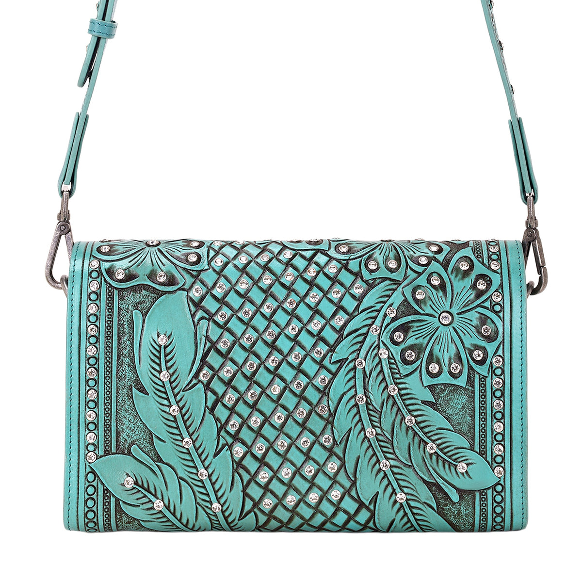 Myra Circe Hand Tooled Bag for Women in turquoise with rhinestones - Myra USA