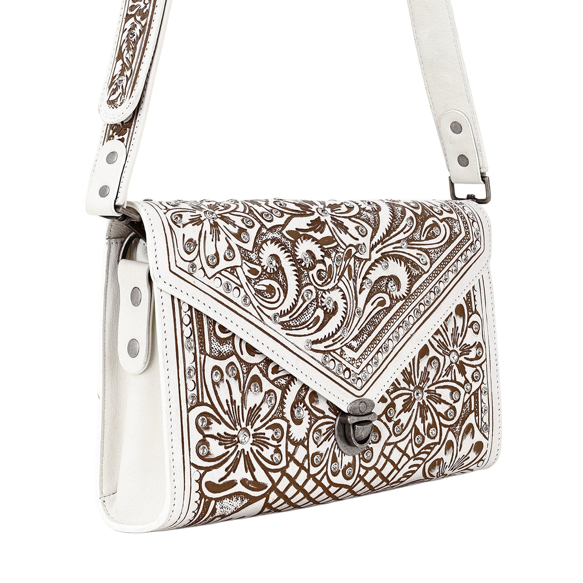 Myra Circe Hand Tooled Bag for Women in white with rhinestones - Myra USA