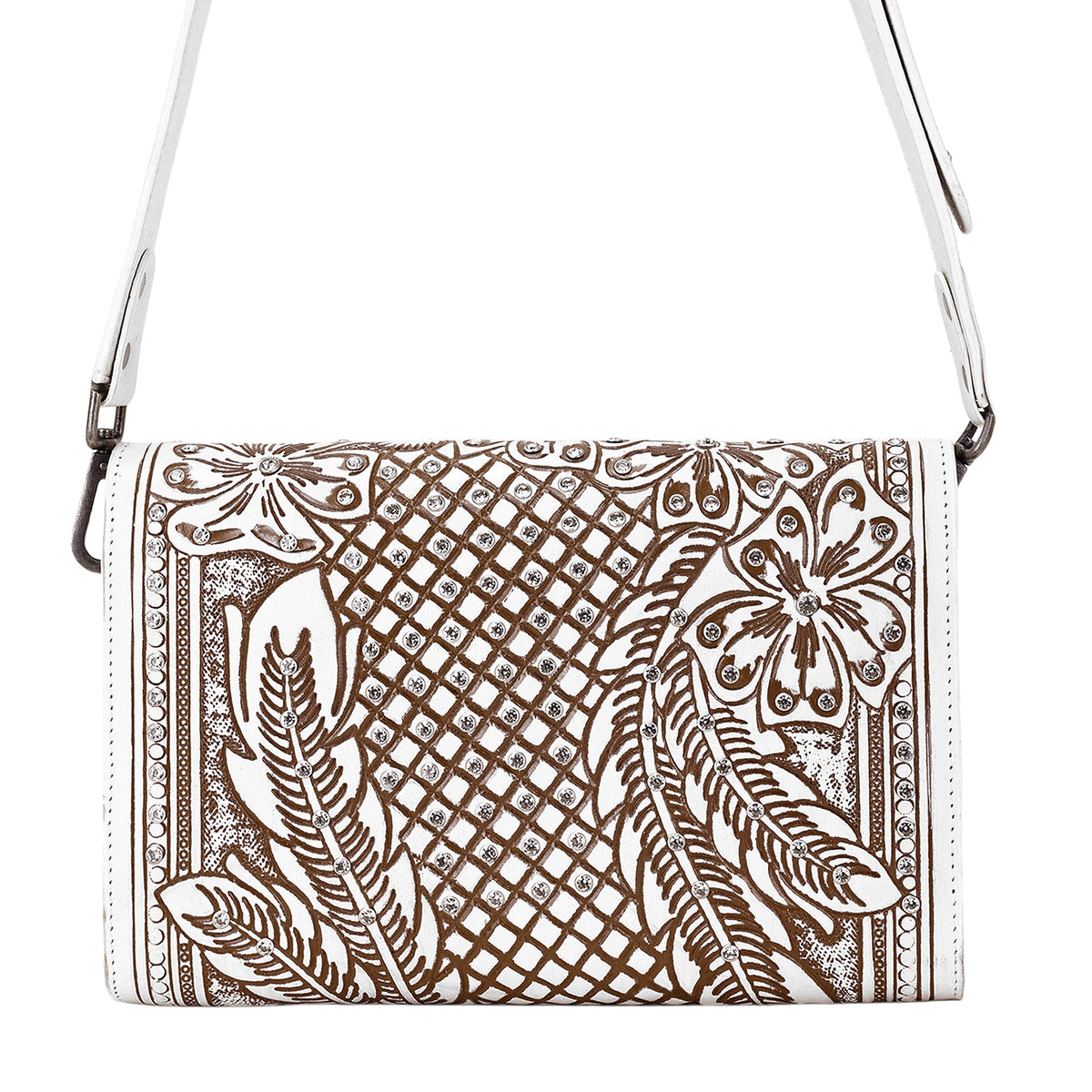 Myra Circe Hand Tooled Bag for Women in white with rhinestones - Myra USA