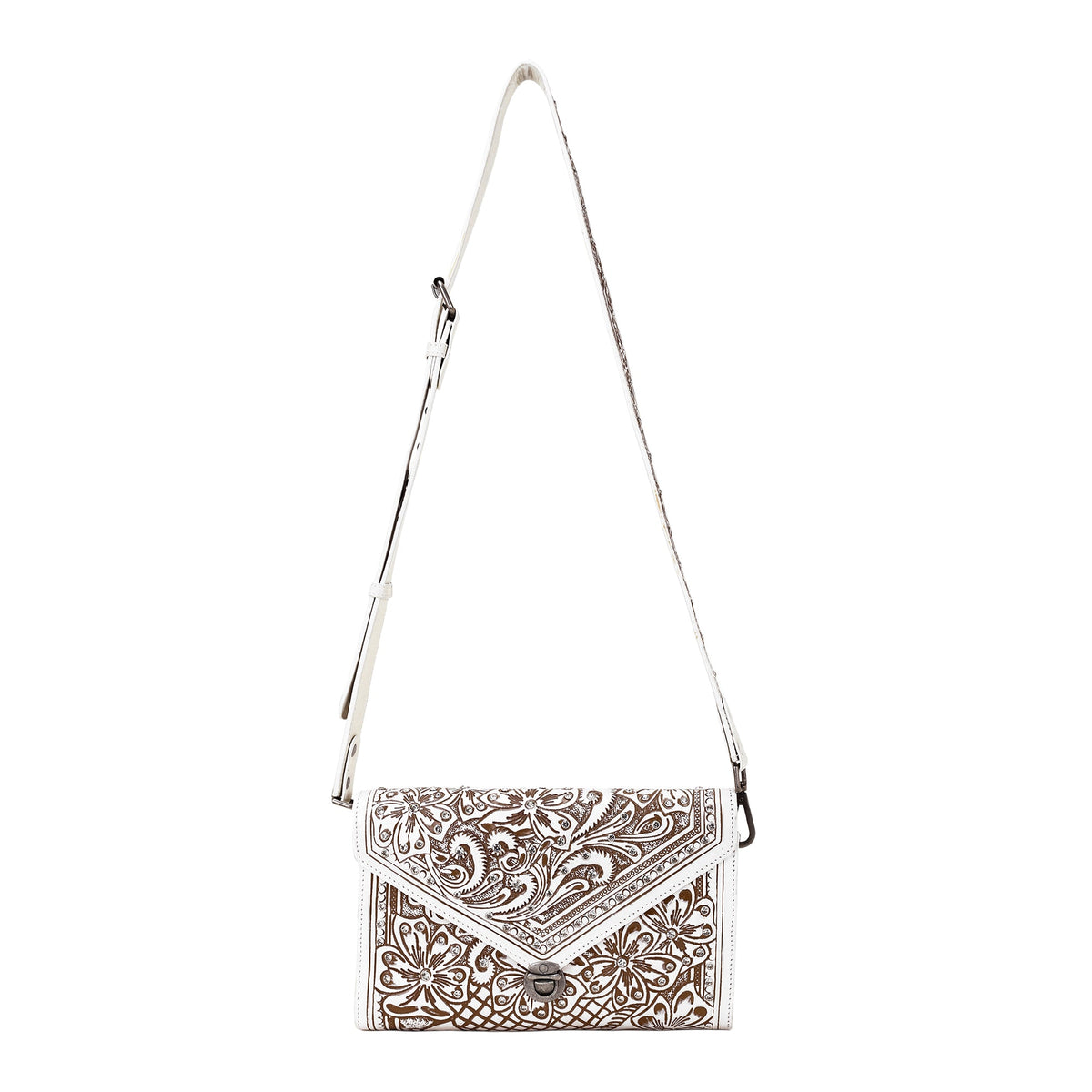 Myra Circe Hand Tooled Bag for Women in white with rhinestones - Myra USA