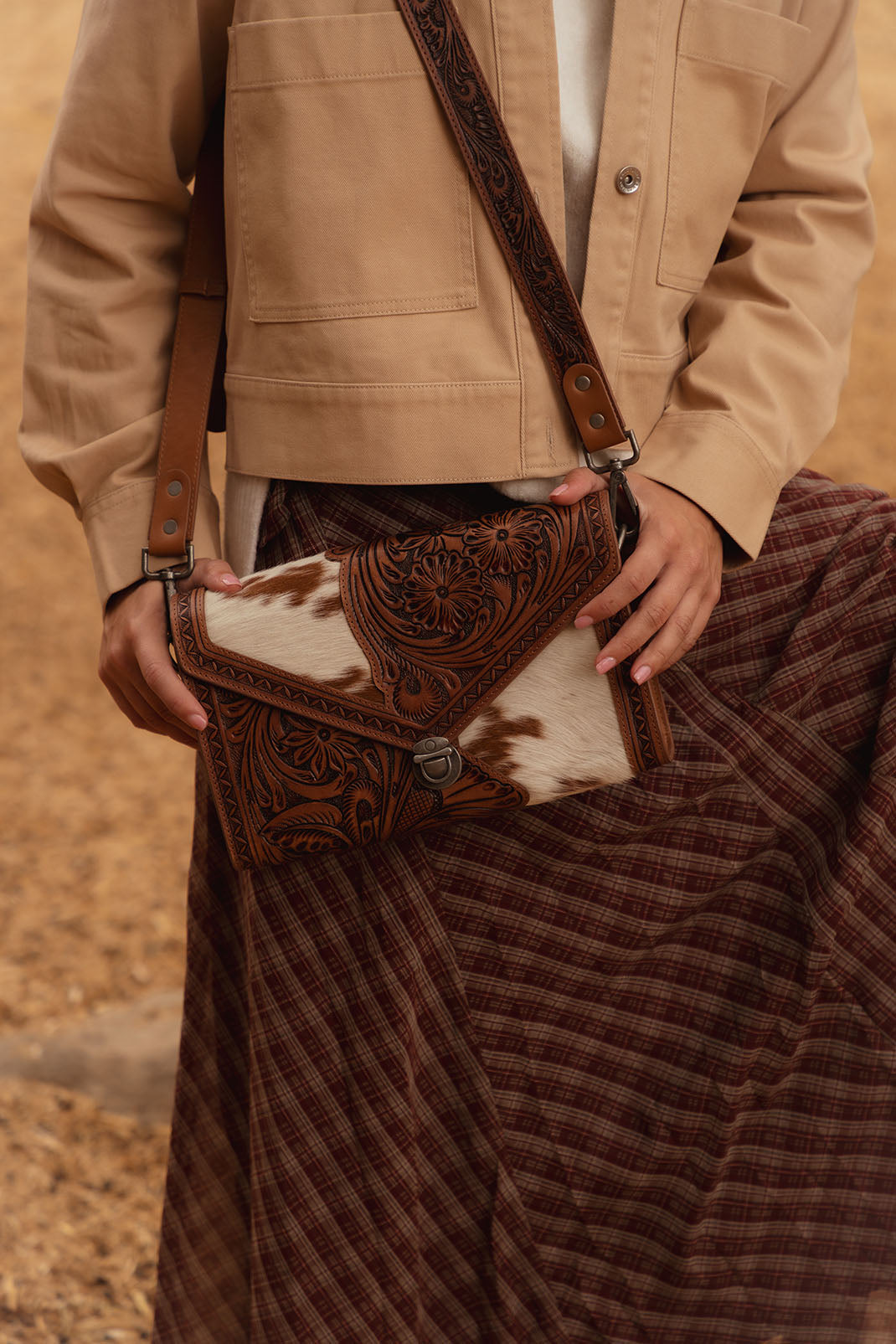 Myra Circe Hand Tooled Bag for Women in tan with hairon - Myra USA