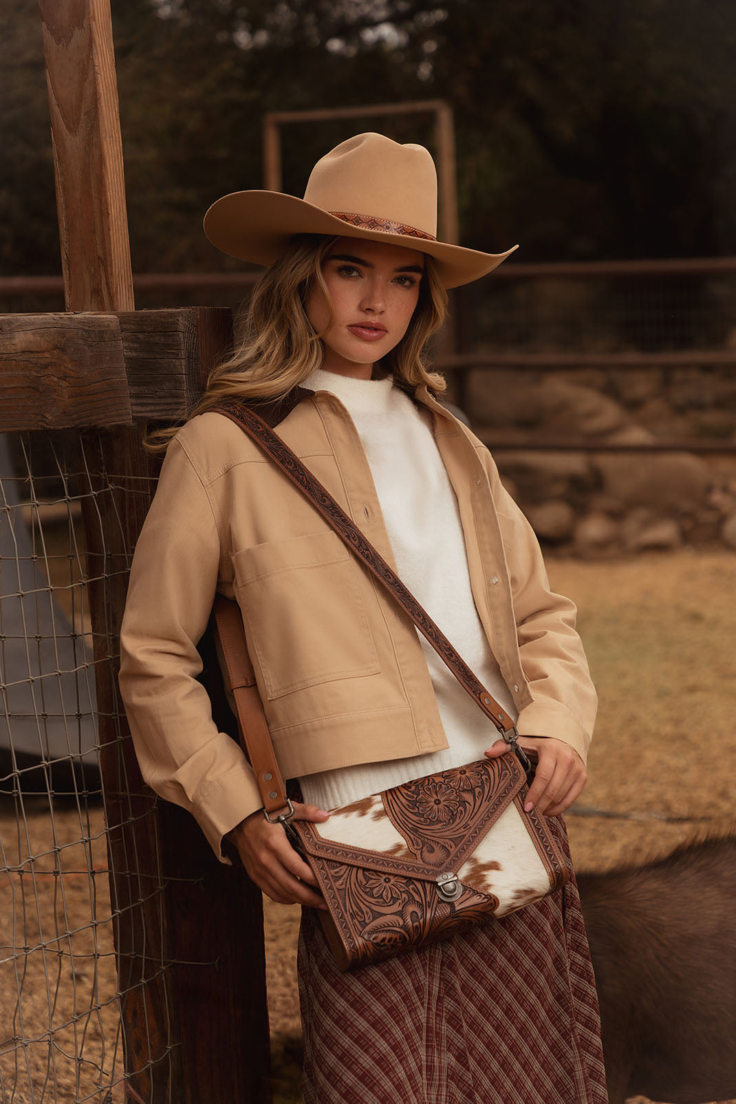 Myra Circe Hand Tooled Bag for Women in tan with hairon - Myra USA