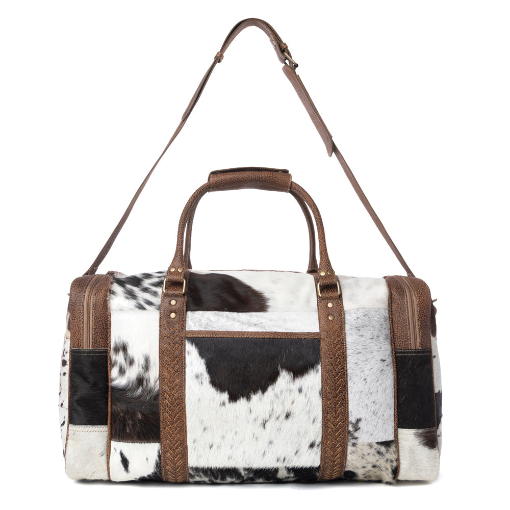 Myra Rustic Vista Handtooled Hairon Ruffle Traveller Bag in Cocoa Frost - Myra USA