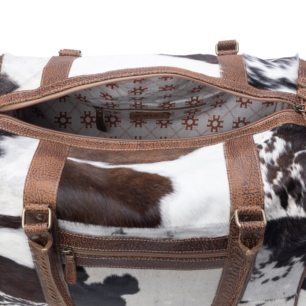 Myra Rustic Vista Handtooled Hairon Ruffle Traveller Bag in Cocoa Frost - Myra USA