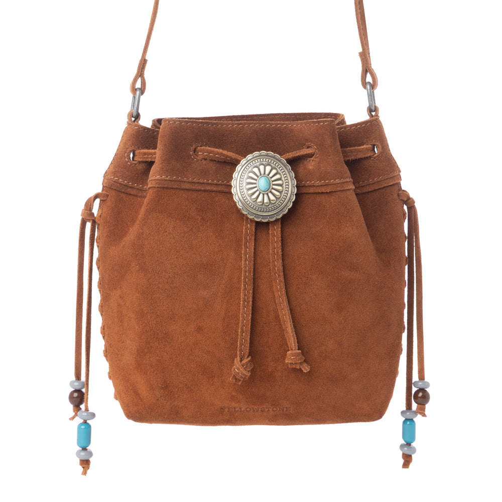 Myra Yellowstone Sundown Ember Suede Leather Bucket Bag in Maple Brown - Myra USA