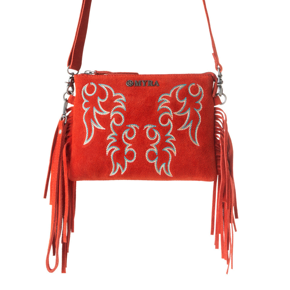 Boot Stitch Suede Bag for Women in red with embroidery and fringe detail - Myra USA