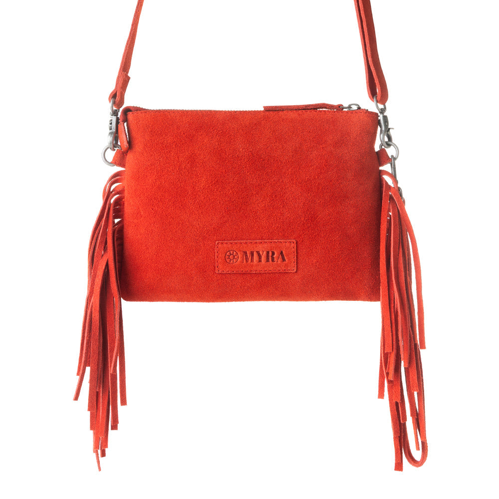 Boot Stitch Suede Bag for Women in red with embroidery and fringe detail - Myra USA