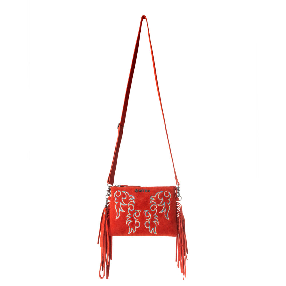 Boot Stitch Suede Bag for Women in red with embroidery and fringe detail - Myra USA