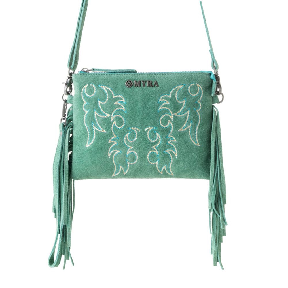 Boot Stitch Suede Bag for Women in green with embroidery and fringe detail - Myra USA
