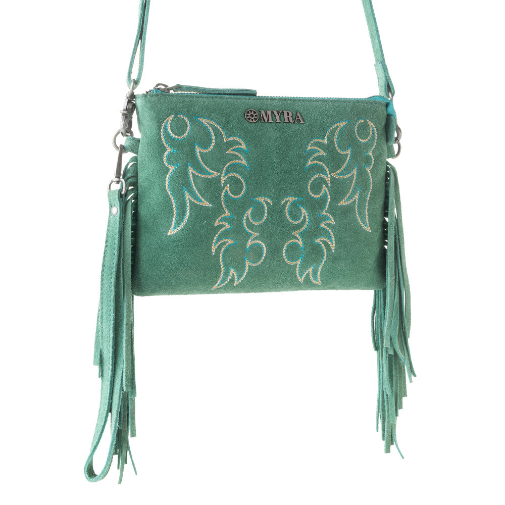 Boot Stitch Suede Bag for Women in green with embroidery and fringe detail - Myra USA