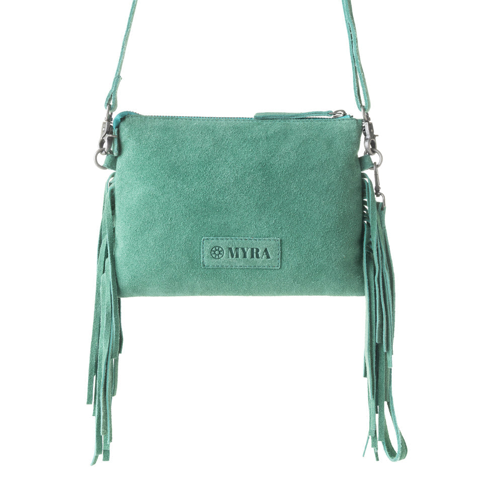 Boot Stitch Suede Bag for Women in green with embroidery and fringe detail - Myra USA