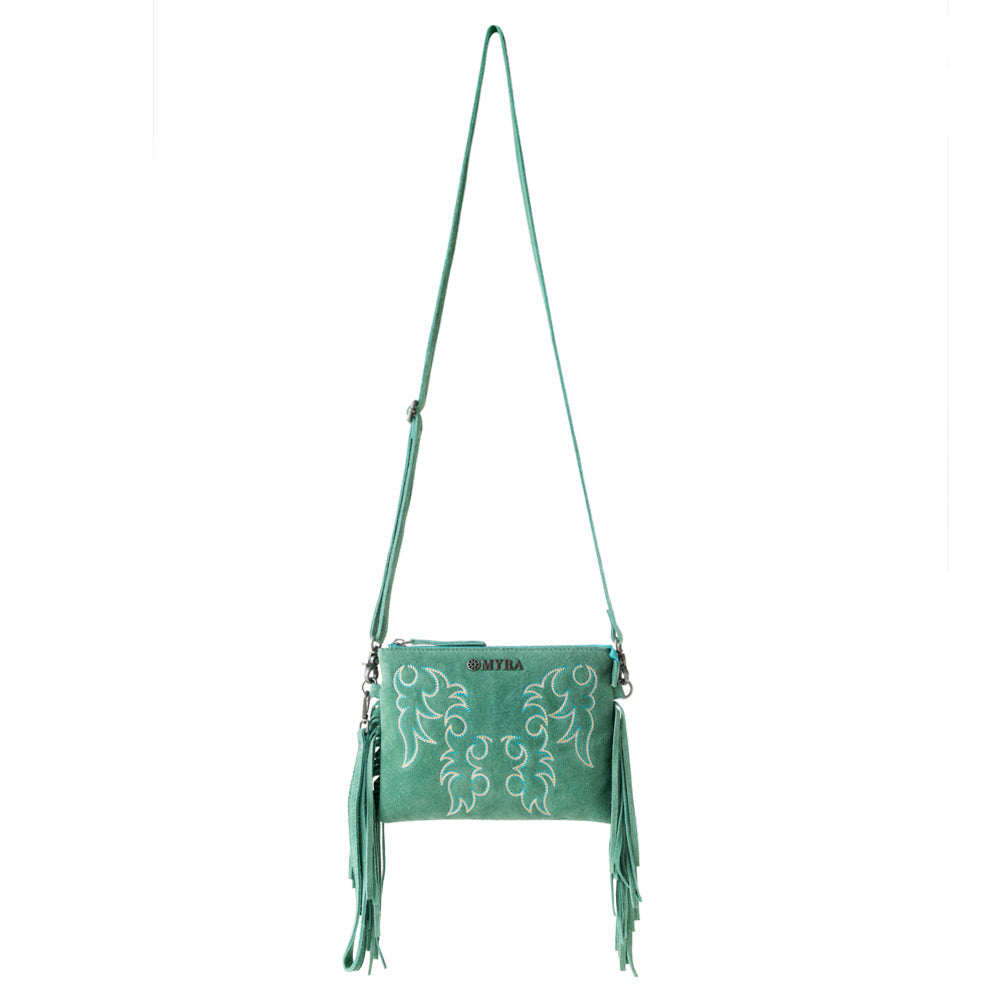 Boot Stitch Suede Bag for Women in green with embroidery and fringe detail - Myra USA