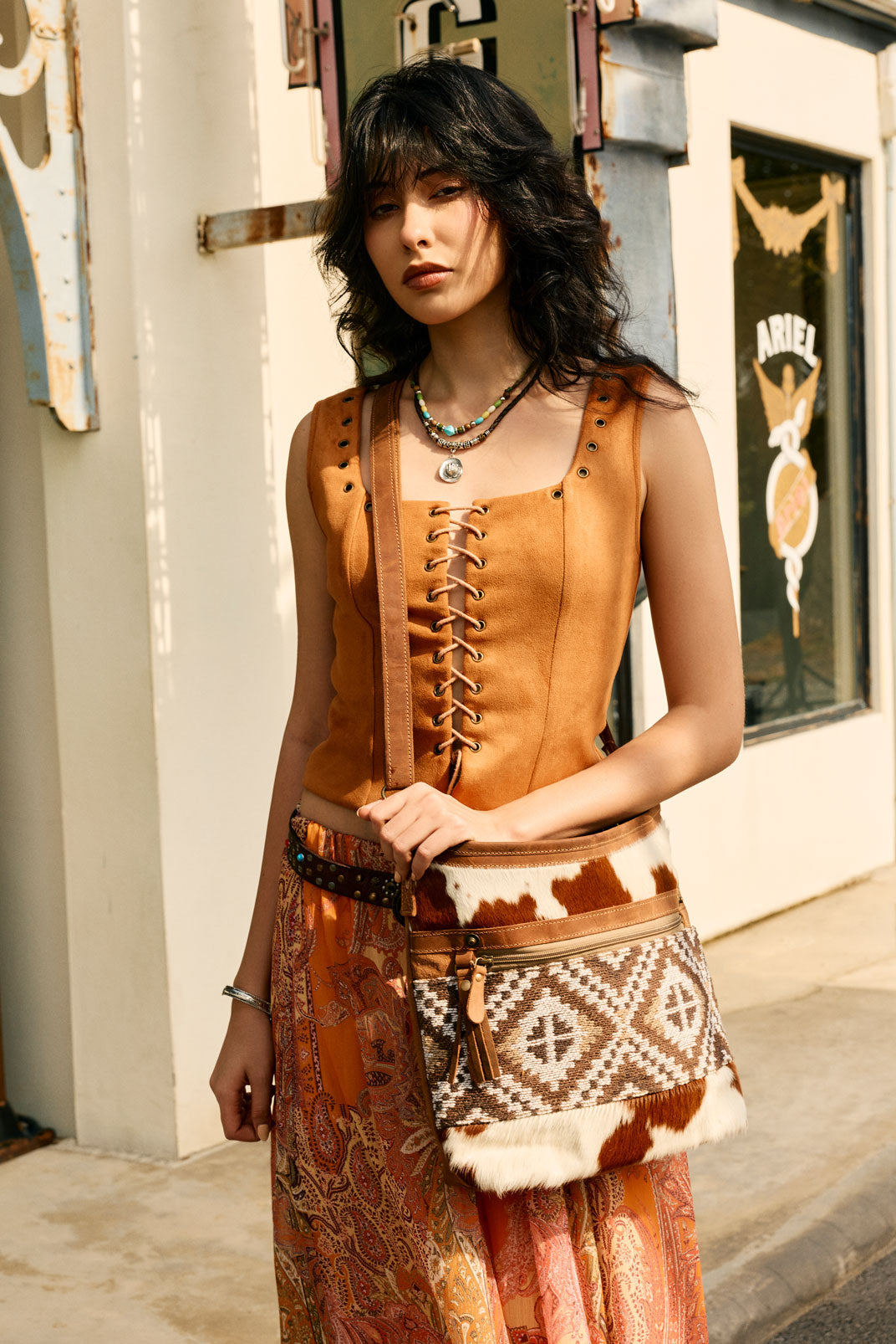 Myra Diamondback Trail Western Shoulder Bag for Women in Brown with Rug details - Myra USA