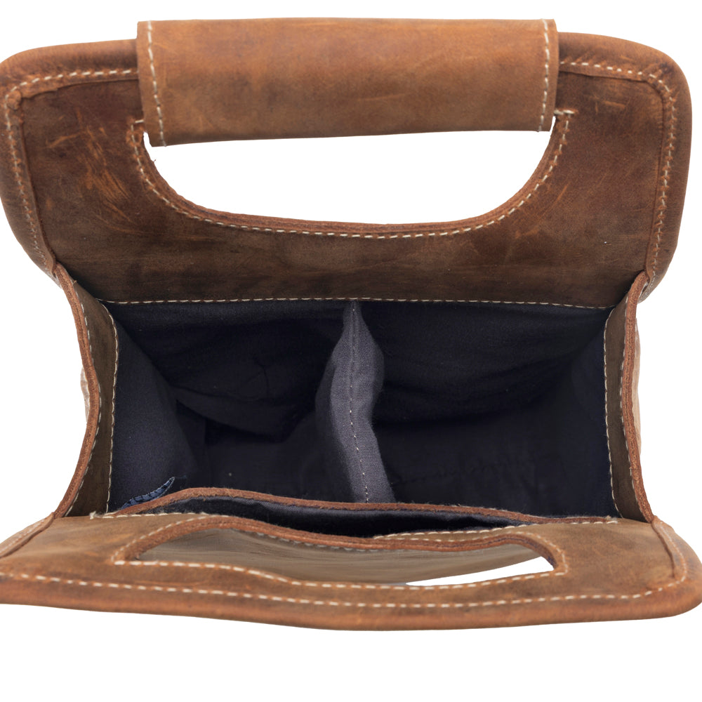 Myra Cypress Field Hairon Leather Wine Bottle Holder in Shadow Cream Chestnut Brown - Myra USA
