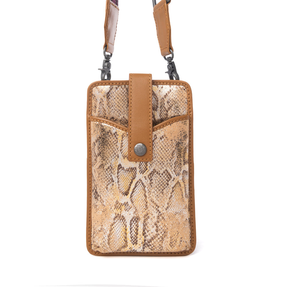 Myra Cedar Snake Print Leather Cell Phone Holder in Toffee Patch - Myra USA