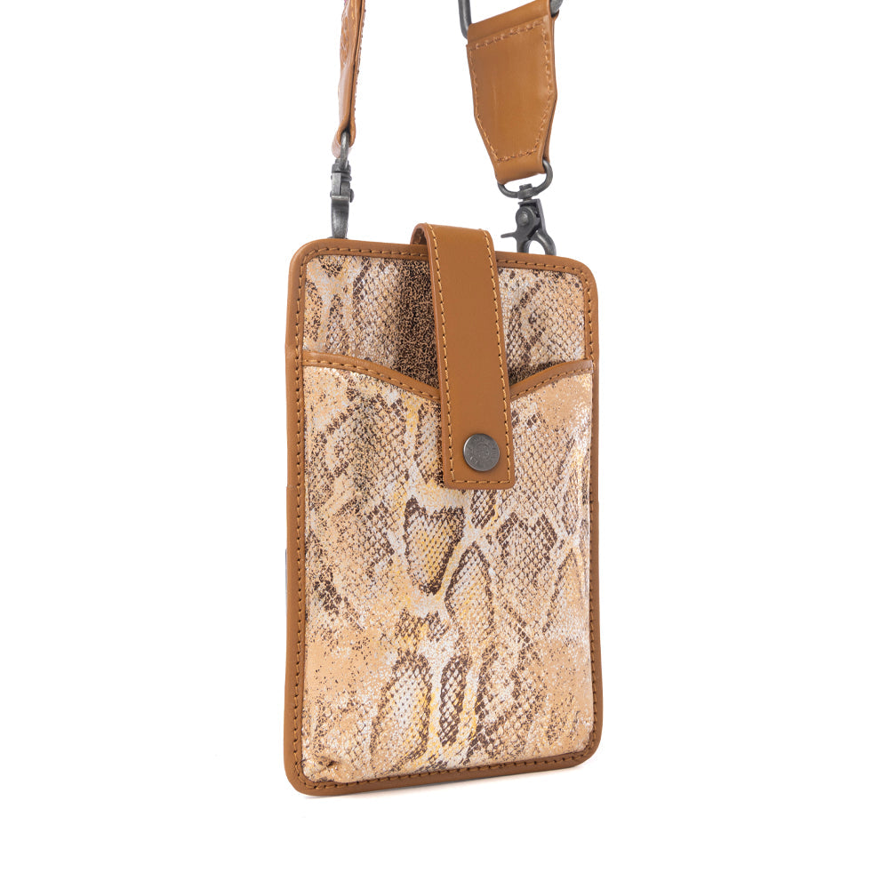 Myra Cedar Snake Print Leather Cell Phone Holder in Toffee Patch - Myra USA