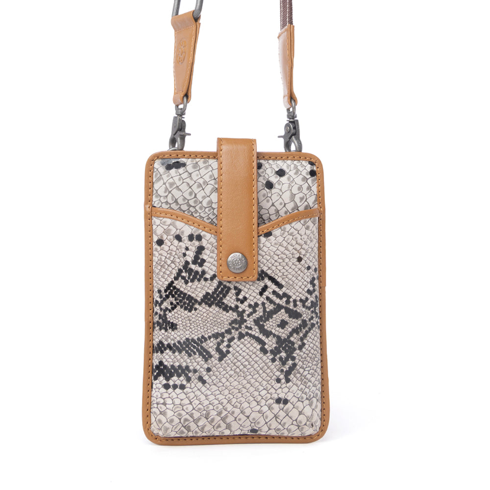 Myra Cedar Snake Print Leather Cell Phone Holder in Ebony Cream - Myra USA