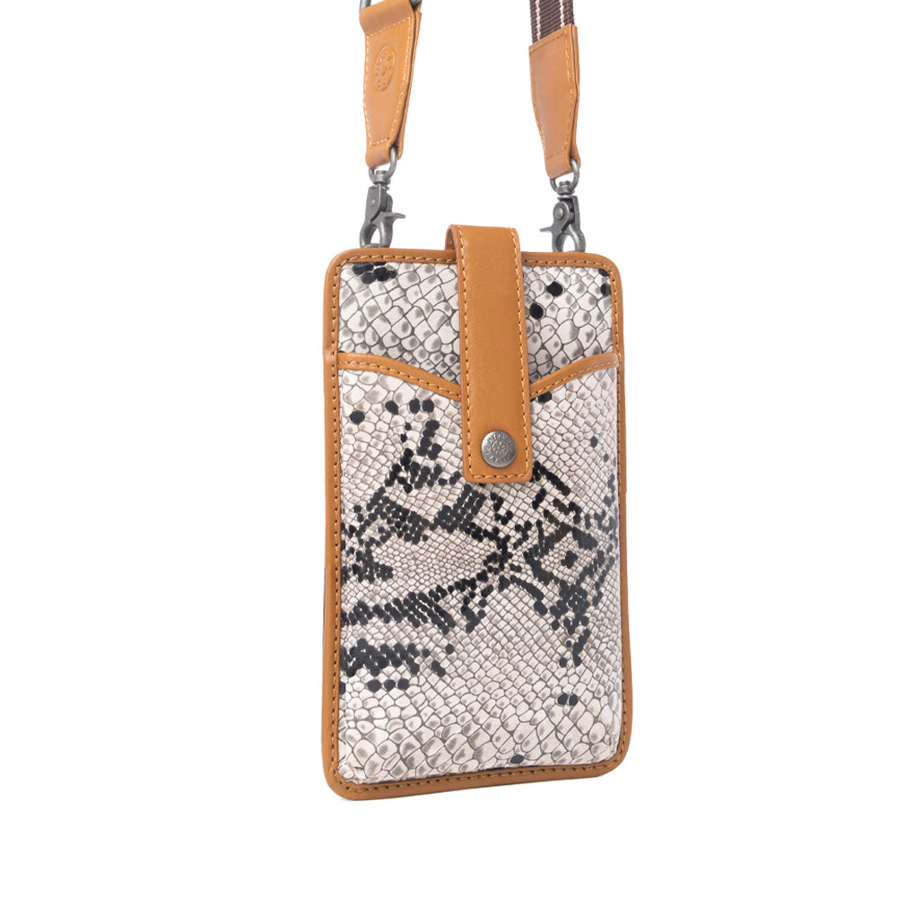 Myra Cedar Snake Print Leather Cell Phone Holder in Ebony Cream - Myra USA
