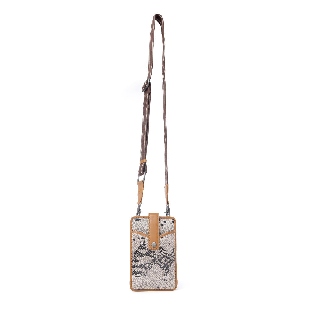 Myra Cedar Snake Print Leather Cell Phone Holder in Ebony Cream - Myra USA