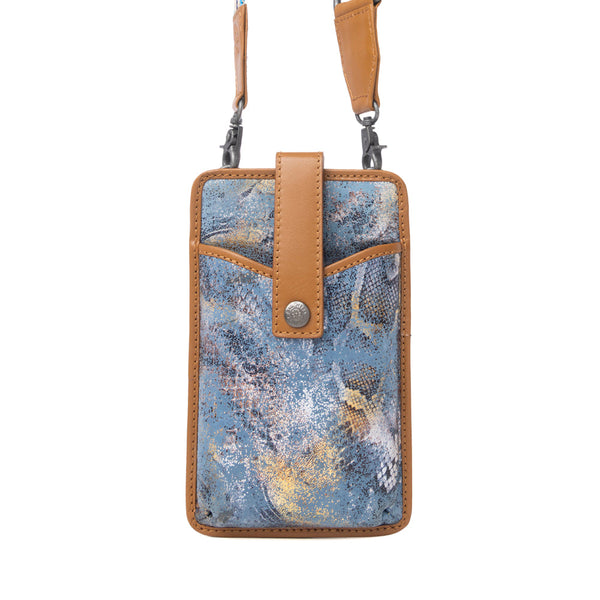 Myra Cedar Snake Print Leather Cell Phone Holder in Turquoise Sand - Myra USA