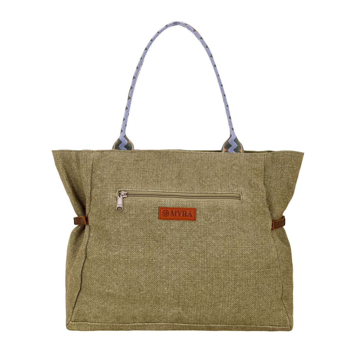 Myra Cedar Draw Tote Bag for Women in olive with woven trim - Myra USA
