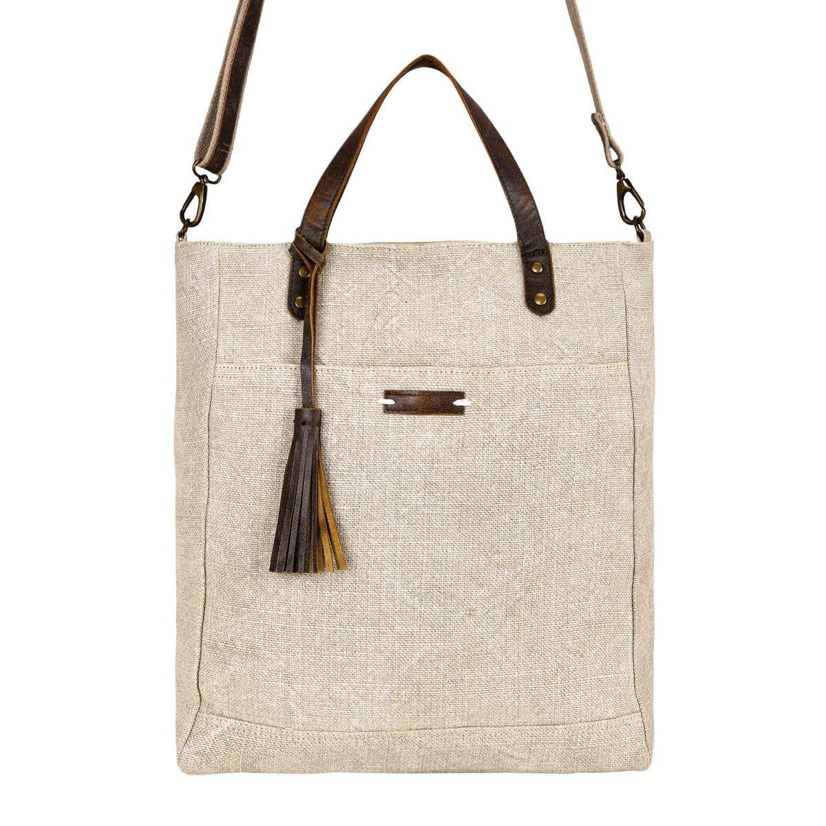 Myra Saddlewood Tote Bag for Women in oat straw with leather handles and tassel - Myra USA