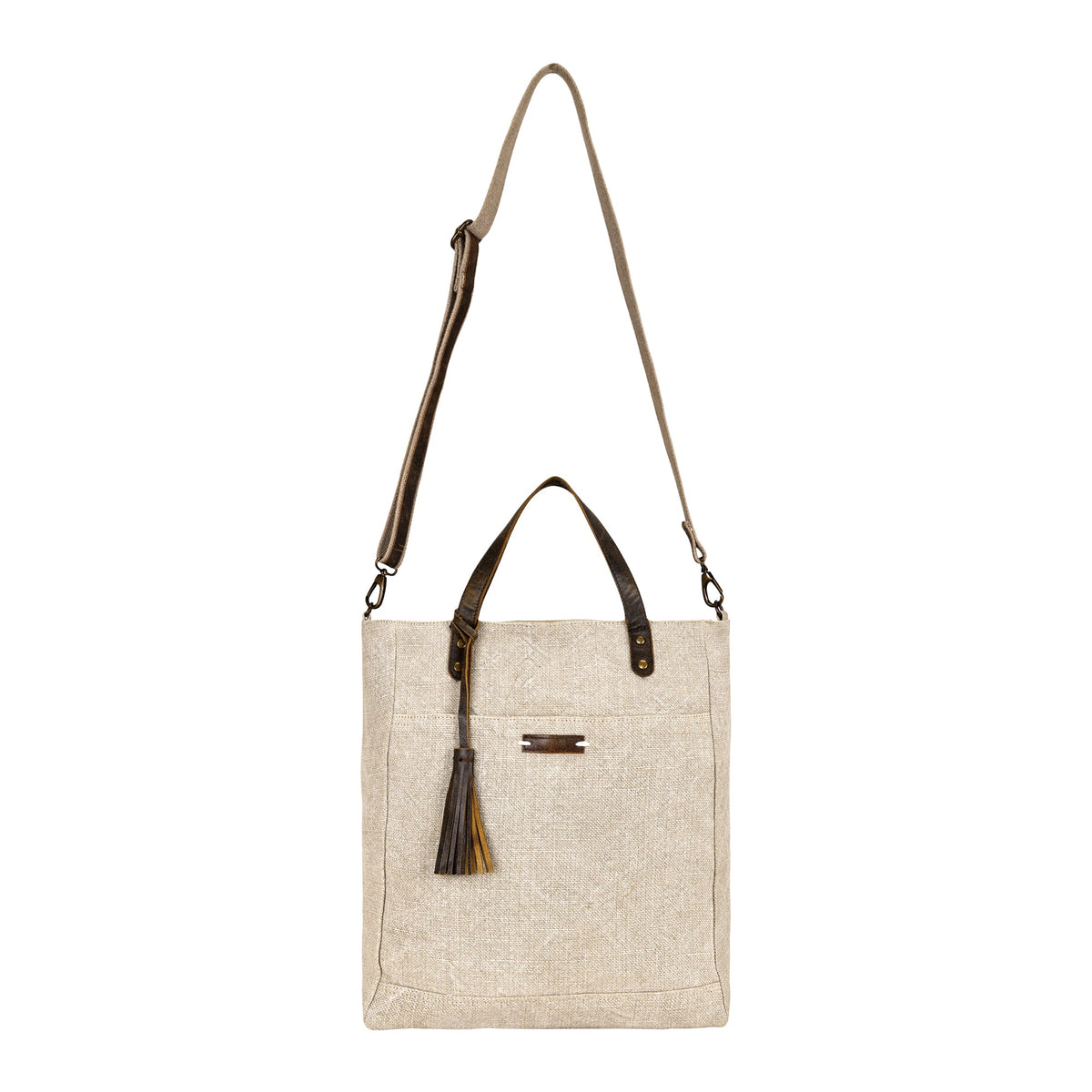 Myra Saddlewood Tote Bag for Women in oat straw with leather handles and tassel - Myra USA