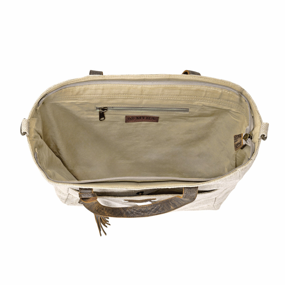 Myra Saddlewood Tote Bag for Women in oat straw with leather handles and tassel - Myra USA