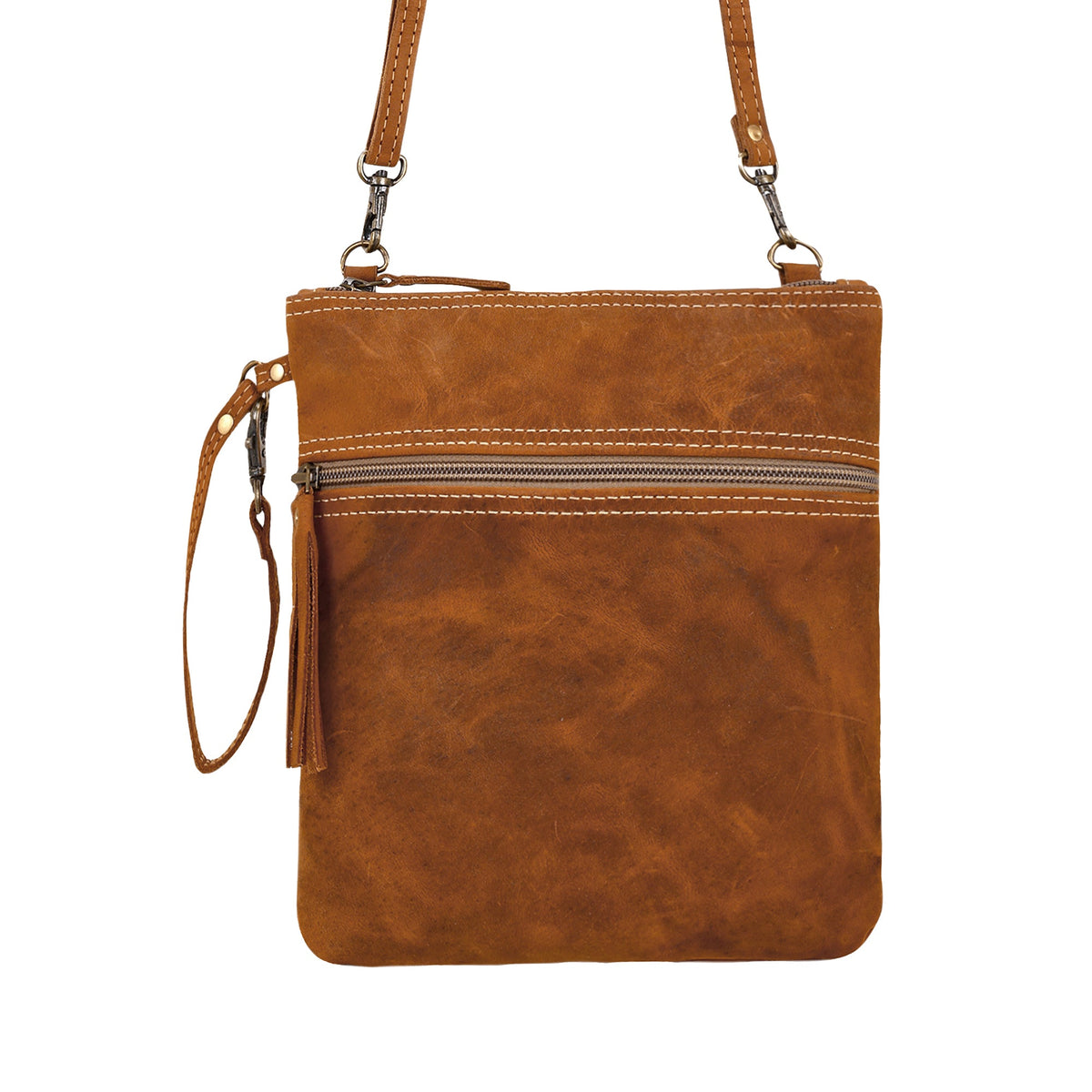 Myra Ironwood Crossbody Bag for Women in tan with contrast stitch and tassel - Myra USA