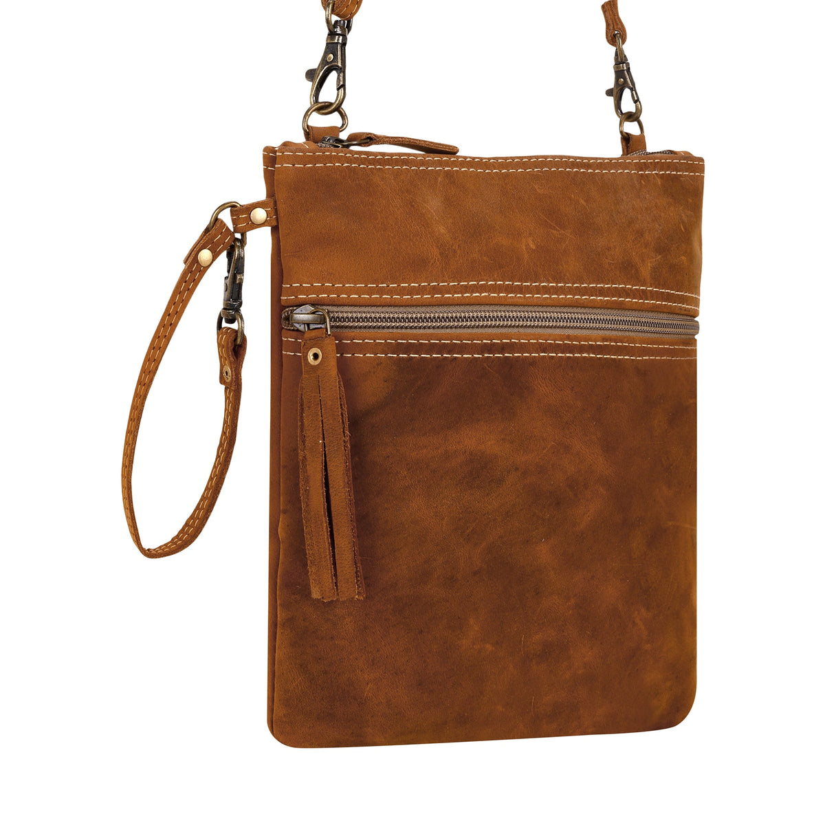 Myra Ironwood Crossbody Bag for Women in tan with contrast stitch and tassel - Myra USA