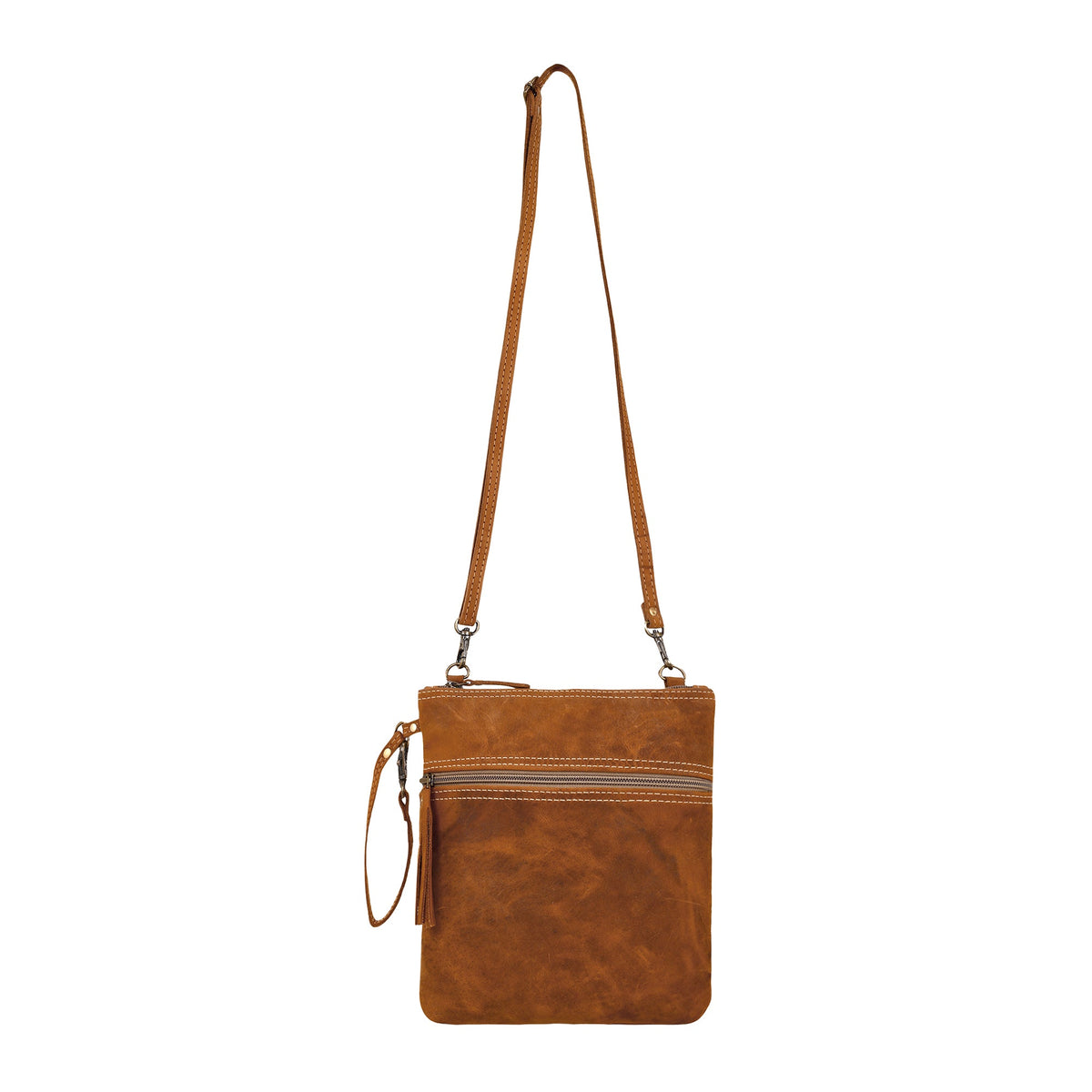 Myra Ironwood Crossbody Bag for Women in tan with contrast stitch and tassel - Myra USA