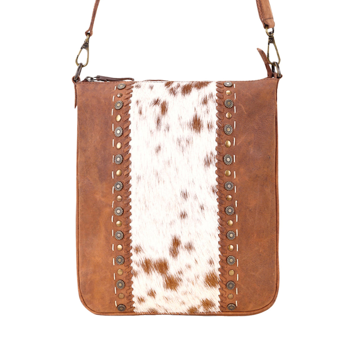 Myra Sunridge Crossbody Bag for Women in tan with hair on and studs - Myra USA