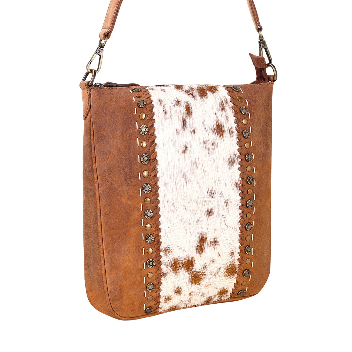 Myra Sunridge Crossbody Bag for Women in tan with hair on and studs - Myra USA