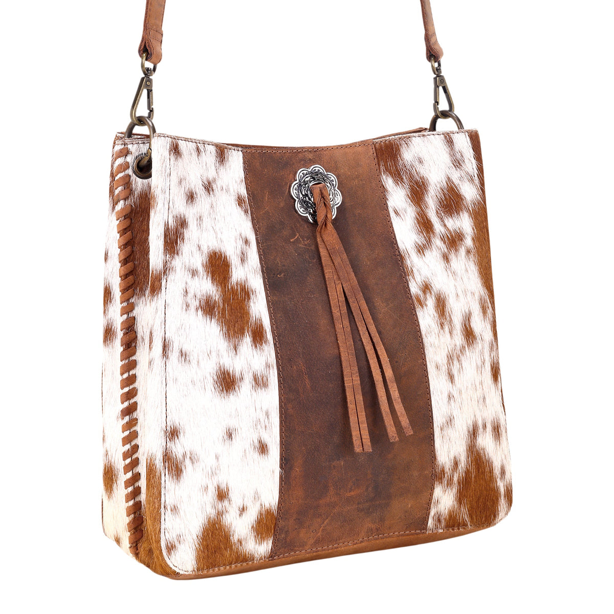 Myra Canyonmere Crossbody Bag for Women in tan with hair on and concho - Myra USA