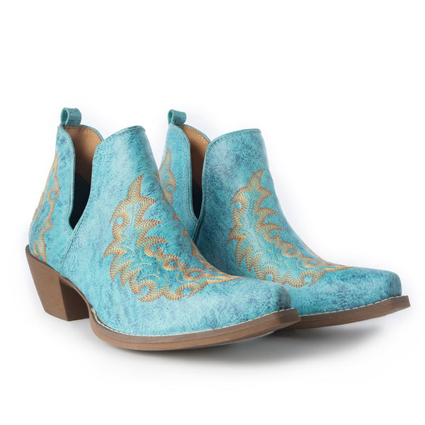 Tempest Embroidered Cowgirl Booties in Turquoise for Women in Genuine Leather with Snip Toe - Myra USA