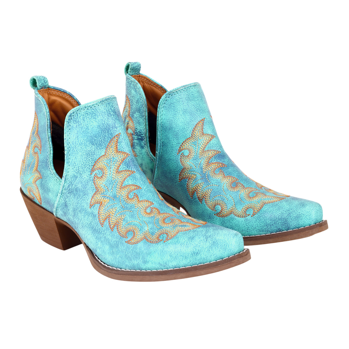 Myra Tempest Embroidered Cowgirl Booties in Turquoise for Women in Genuine Leather with Snip Toe - Myra USA