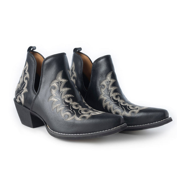 Tempest Embroidered Cowgirl Booties in Onyx for Women in Genuine Leather with Snip Toe - Myra USA