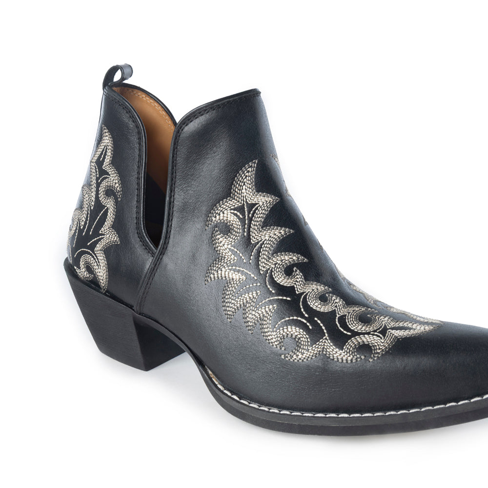 Tempest Embroidered Cowgirl Booties in Onyx for Women in Genuine Leather with Snip Toe - Myra USA