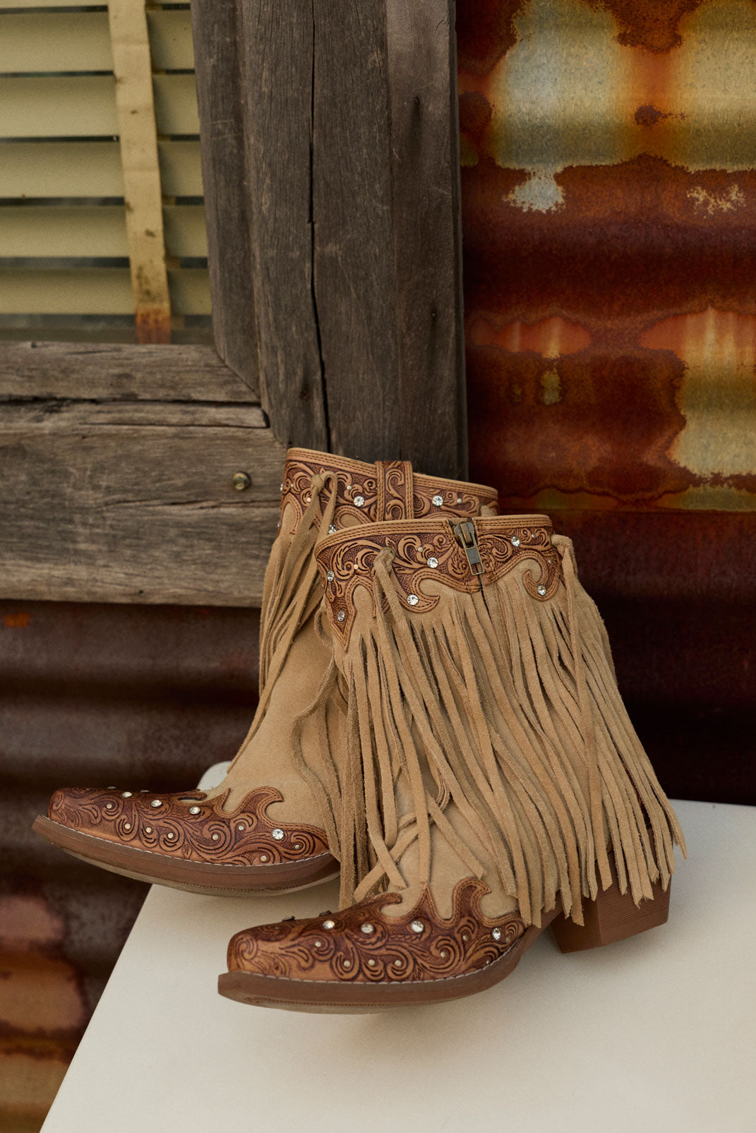 Myra Nashville Nights Fringe Boots for Women in Ember, Handtooled Genuine Leather with Swarovski Stones - Myra USA
