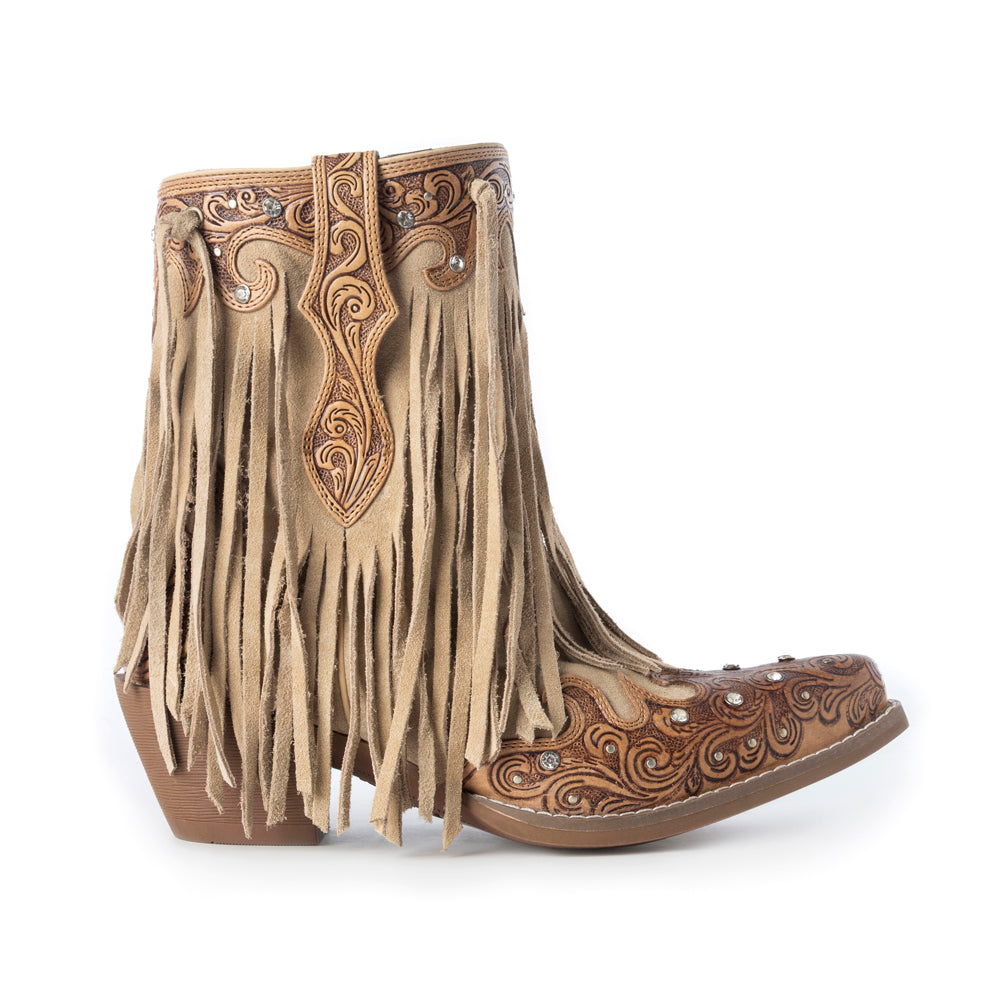 Nashville Nights Fringe Boots for Women in Ember, Handtooled Genuine Leather with Swarovski Stones - Myra USA