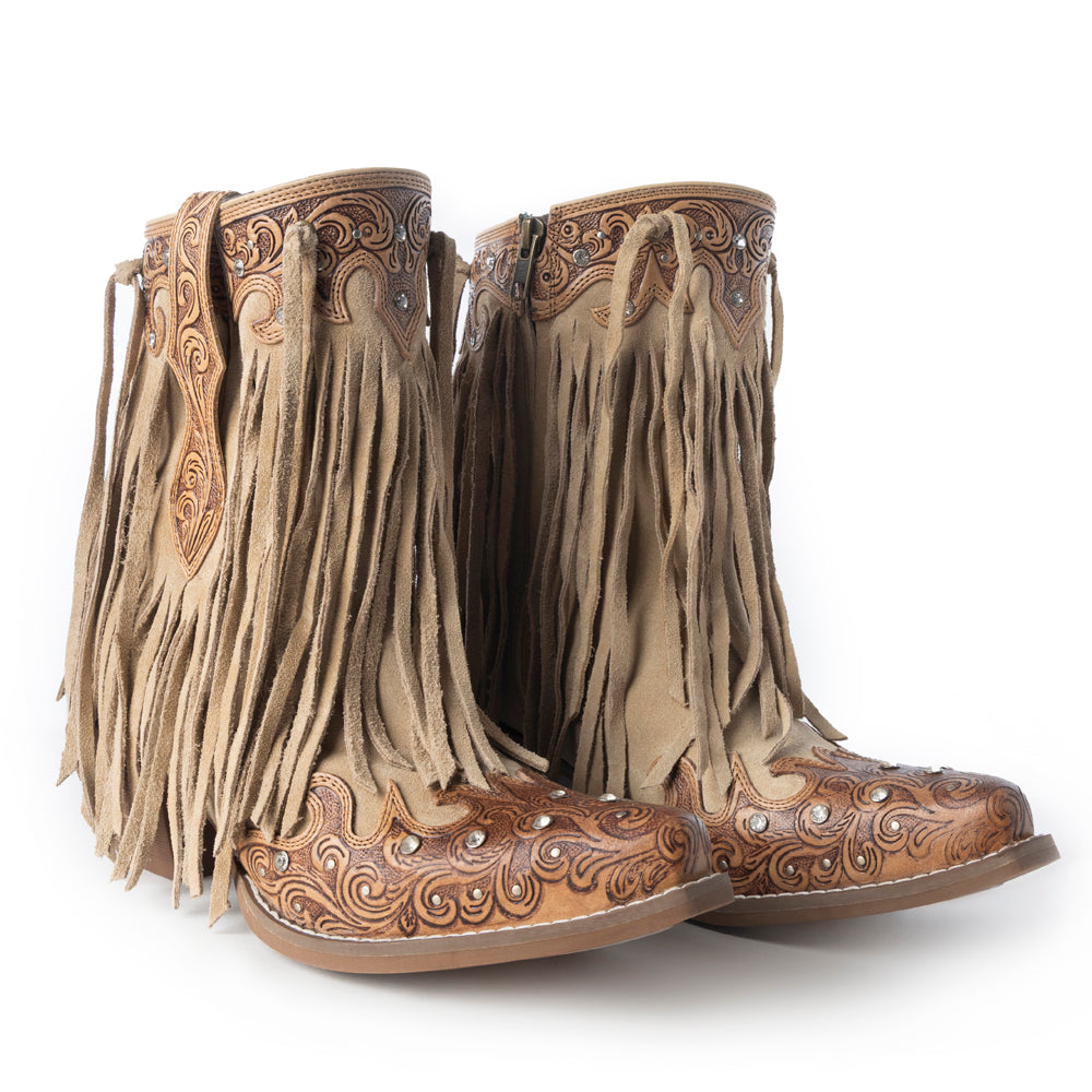Nashville Nights Fringe Boots for Women in Ember, Handtooled Genuine Leather with Swarovski Stones - Myra USA