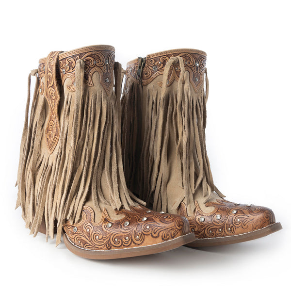 Nashville Nights Fringe Boots for Women in Ember, Handtooled Genuine Leather with Swarovski Stones - Myra USA